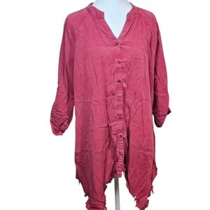 Hester & Orchard Casual Frayed Hem Button-Down Shirt - Rose Suze XL EUC